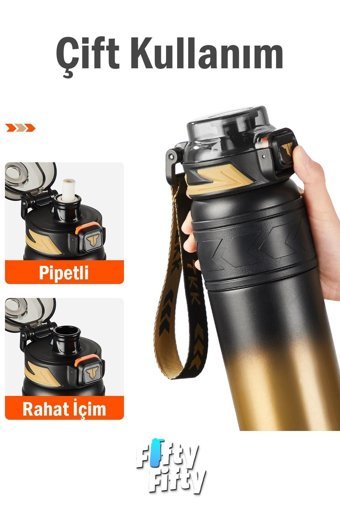 Vagonlife Çift Kullanımlı Paslanmaz Çelik 500 ml Pipetli Outdoor Termos Termos Altın