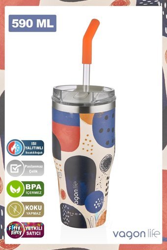 Vagonlife Tumbler Paslanmaz Çelik 590 ml Pipetli Outdoor Bardak Termos Lacivert