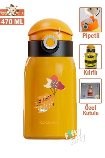 Vagonlife Balonlu Uçan Kedi Paslanmaz Çelik 470 ml Pipetli Outdoor Matara Termos Sarı