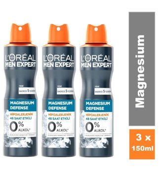 L'Oreal Paris Magnesium Defense Hipoalerjenik Pudrasız Ter Önleyici Sprey Erkek Deodorant 3x150 ml