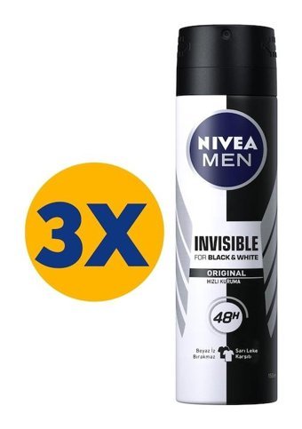 Nivea Black&White Invisible Pure Pudralı Ter Önleyici Antiperspirant Sprey Erkek Deodorant 3x150 ml