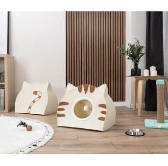 Gobypet Oval Tek Katlı Dış Mekan Keçe Kedi Evi Krem-Kahve