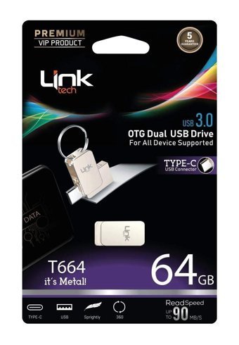 Linktech Premium T664 Çift Taraflı USB 3.0 Type C 64 GB Flash Belek Gümüş