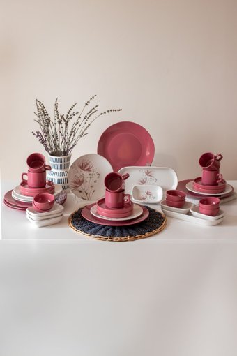 Keramika Hindiba 38 Parça 6 Kişilik Beyaz - Pembe Desenli Stoneware Kahvaltı Takımı