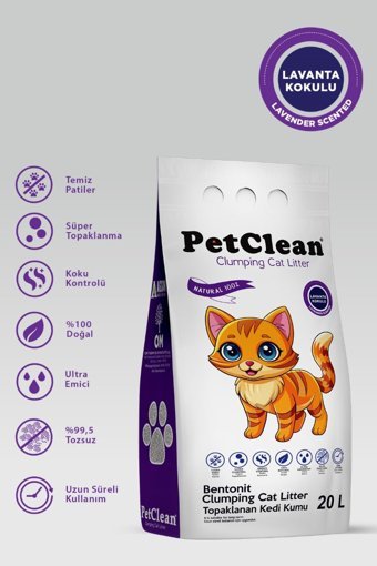 Pet Clean Lavanta Kokulu Topaklanan İnce Taneli Bentonit Kedi Kumu 20 lt