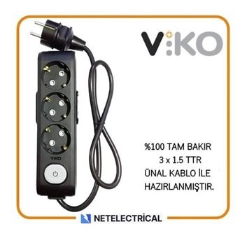 Viko Multi Let Topraklı Anahtarlı Akım Korumalı 3'lü 5 m Grup Priz Siyah