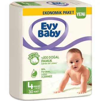 Evy Baby Ekonomik Paket Maxi 4 Numara Cırtlı Bebek Bezi 30 Adet