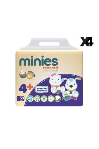 Minies Maxi Plus 4 + Numara Bantlı Bebek Bezi 4x38 Adet