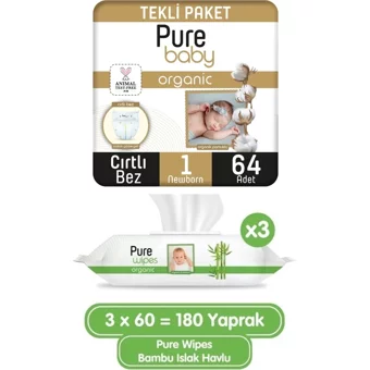 Pure Baby Organik 1 Numara Organik Cırtlı Bebek Bezi 64 Adet