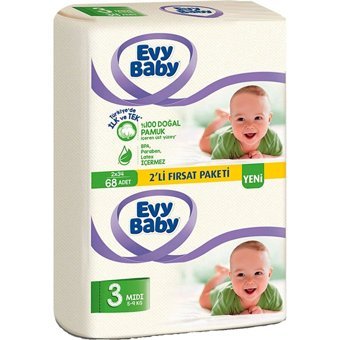 Evy Baby 2'li Fırsat Paketi Midi 3 Numara Cırtlı Bebek Bezi 204 Adet