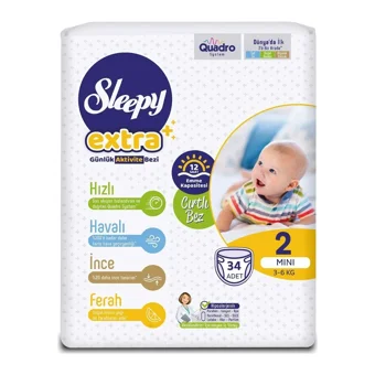 Sleepy Extra 2 Numara Organik Cırtlı Bebek Bezi 34 Adet