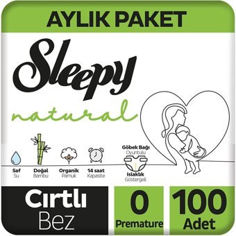Sleepy Natural Aylık Paket Prematüre 0 Numara Organik Cırtlı Bebek Bezi 100 Adet