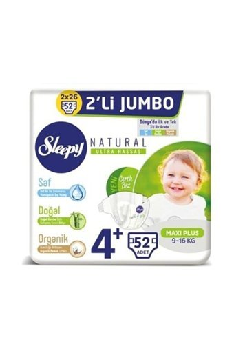 Sleepy Natural Ultra Hassas 4 + Numara Organik Cırtlı Bebek Bezi 52 Adet