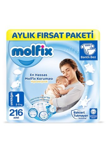 Molfix Hipoalerjenik Yenidoğan 1 Numara Göbek Oyuntulu Cırtlı Bebek Bezi 216 Adet