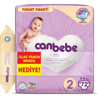 Canbebe Mini Dev Ekonomik Fırsat Paketi 2 Numara Bantlı Bebek Bezi 576 Adet + Mendil - 576 - 2: 3 - 6 kg Mini