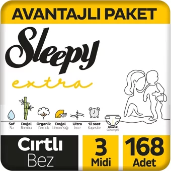 Sleepy Extra Günlük Aktivite 3 Numara Organik Cırtlı Bebek Bezi 168 Adet