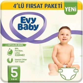 Evy Baby Hipoalerjenik 4'lü Fırsat Paketi 5 Numara Cırtlı Bebek Bezi 44 Adet