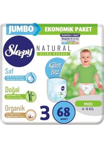 Sleepy Natural 3 Numara Organik Külot Bebek Bezi 68 Adet