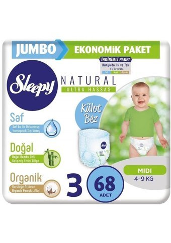 Sleepy Natural 3 Numara Organik Külot Bebek Bezi 68 Adet
