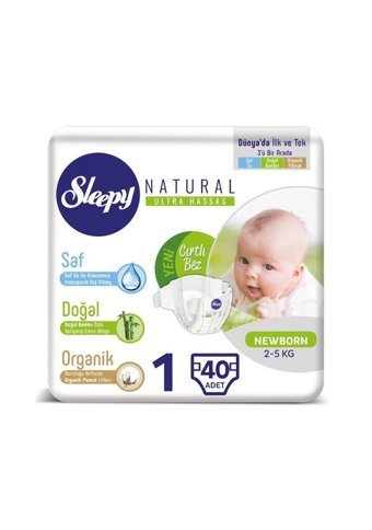 Sleepy Natural Ultra Hassas Yenidoğan 1 Numara Organik Göbek Oyuntulu Cırtlı Bebek Bezi 40 Adet