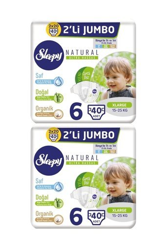 Sleepy Natural Ultra Hassas 6 Numara Organik Cırtlı Bebek Bezi 2x40 Adet