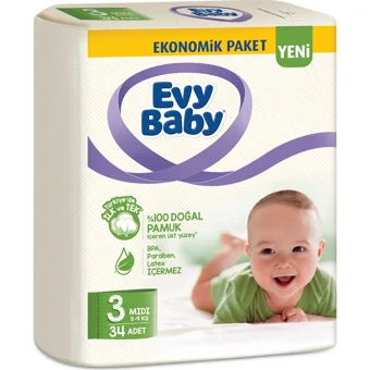 Evy Baby Ekonomik Paket Midi 3 Numara Cırtlı Bebek Bezi 34 Adet