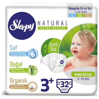 Sleepy Natural Ultra Hassas Midi Plus 3 + Numara Organik Cırtlı Bebek Bezi 32 Adet