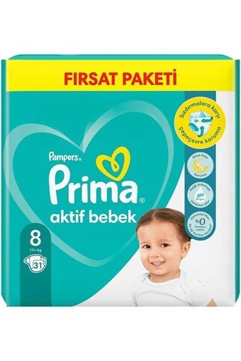 Prima Aktif Bebek 8 Numara Cırtlı Bebek Bezi 10x31 Adet