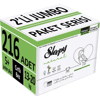 Sleepy Natural 2'li Jumbo Paket 5 + Numara Organik Cırtlı Bebek Bezi 216 Adet