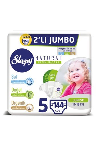 Sleepy Natural 5 Numara Organik Cırtlı Bebek Bezi 144 Adet