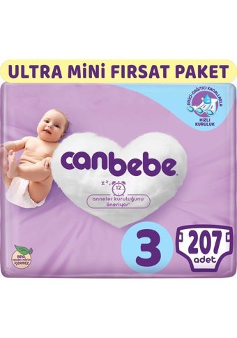 Canbebe Midi Ultra Mini Fırsat Paketi 3 Numara Bantlı Bebek Bezi 207 Adet