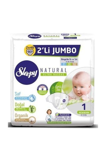 Sleepy Natural Jumbo 1 Numara Organik Cırtlı Bebek Bezi 80 Adet