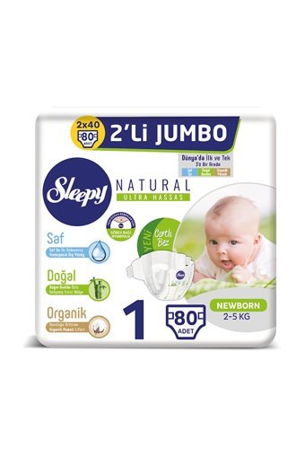 Sleepy Natural Ultra Hassas 1 Numara Organik Cırtlı Bebek Bezi 80 Adet