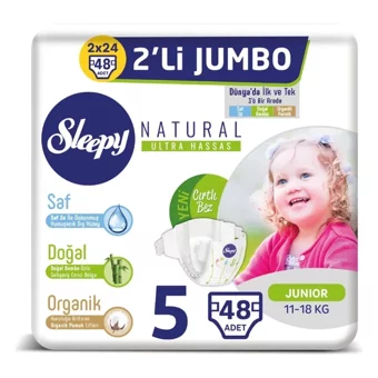 Sleepy Natural Ultra Hassas 5 Numara Organik Cırtlı Bebek Bezi 48 Adet