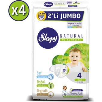 Sleepy Natural Ultra Hassas Maxi 4 Numara Organik Cırtlı Bebek Bezi 4x60 Adet