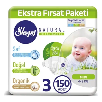 Sleepy Natural Midi 3 Numara Organik Cırtlı Bebek Bezi 150 Adet