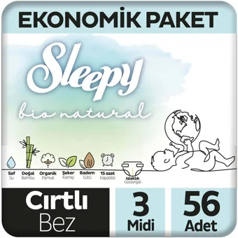 Sleepy Bio Natural 3 Numara Organik Cırtlı Bebek Bezi 56 Adet