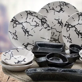 Arna Porselen Black Marble Yuvarlak Desenli 19 Parça Seramik Kahvaltı Takımı Beyaz