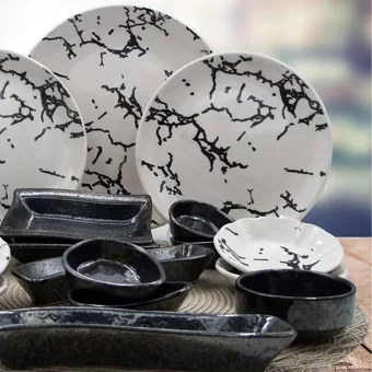 Arna Porselen Black Marble Yuvarlak Desenli 19 Parça Seramik Kahvaltı Takımı Beyaz