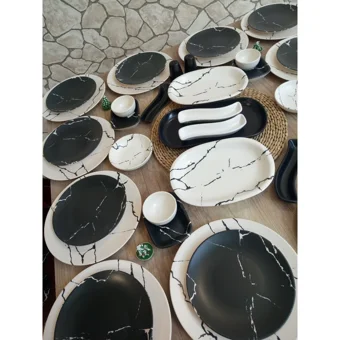 Keramika Mermer Yuvarlak Desenli 43 Parça 12 Kişilik Seramik Kahvaltı Takımı Beyaz-Siyah