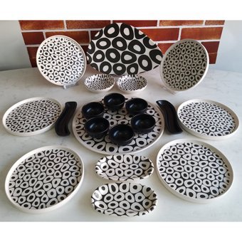 Keramika Black And White Oval-Yuvarlak Desenli 20 Parça Seramik Kahvaltı Takımı Beyaz-Siyah