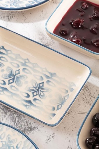 Bernardo Blue Branch Yuvarlak Desenli 24 Parça 6 Kişilik Stoneware Kahvaltı Takımı Mavi