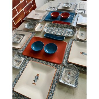 Keramika Koi Kare Desenli 37 Parça 6 Kişilik Seramik Kahvaltı Takımı Çok Renkli