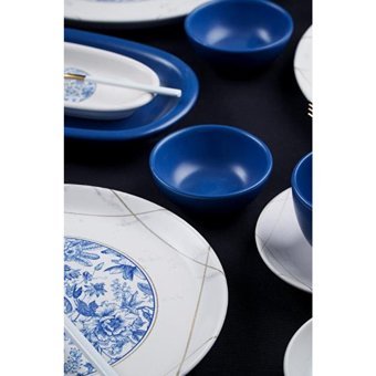 Acar Blue Blanc Yuvarlak Desenli 35 Parça 6 Kişilik Stoneware Kahvaltı Takımı Mavi