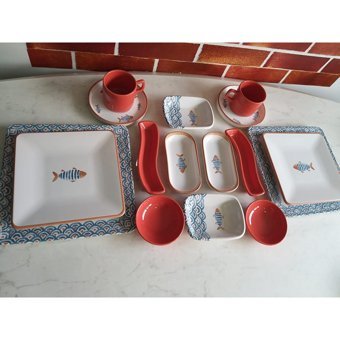 Keramika Koi Ap Kare Desenli 16 Parça 2 Kişilik Seramik Kahvaltı Takımı Çok Renkli