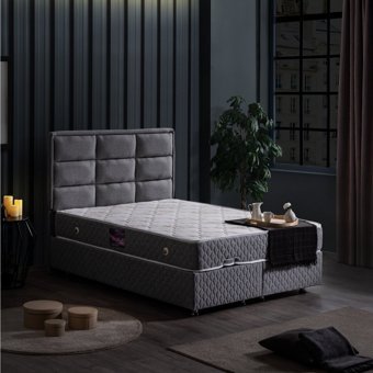 Setay Grande 190 x 140 cm Ayrılabilen Yataklı Başlıklı Çift Kişilik Sandıklı Baza Seti Gri
