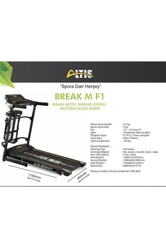 Altis Break M F1 12 Programlı 120 Kg Kapasiteli Motorlu Katlanabilir Koşu Bandı Gri Siyah