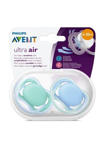 Philips Avent Ultra Air SCF244/22 6-18 Ay Delikli Ortodontik Damaklı Silikon 2'li Emzik Mavi Yeşil