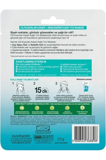 Garnier Saf&Temiz Cilt Kusurları Karşıtı Nemlendiricili Kağıt Yüz Maskesi 3 Adet