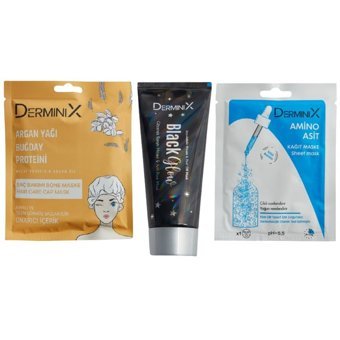 Derminix Black Glow Gözenek Karşıtı Nemlendiricili Soyulabilir Kağıt Yüz Maskesi 100 ml + Amino Asit Kağıt Maske + Buğday Proteini & Argan Yağı Bone Saç Maskesi